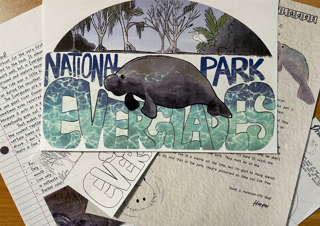 Collage with a manatee illustration and 'National Seawall Park' text on a textured surface.