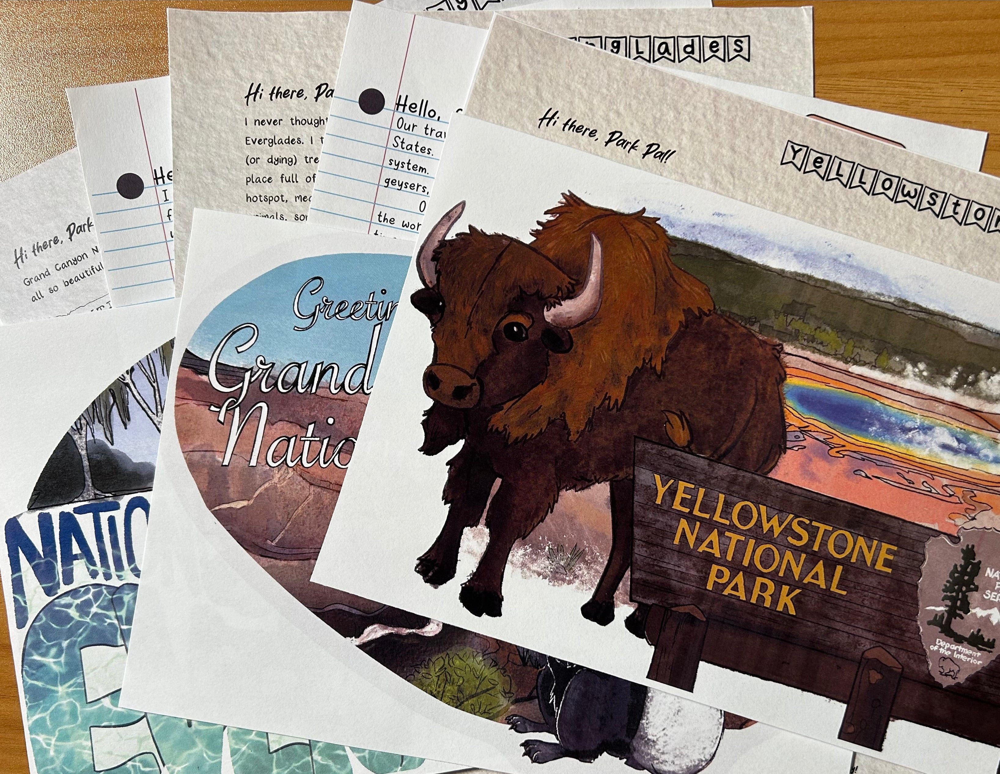 Collage of Yellowstone National Park-themed items including a bear illustration and park sign.